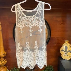 Sheer white lace crochet see thru tunic, tank